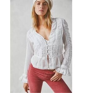 New Free People Penelope Long Sleeve Lace Adorned Blouse $168 SMALL Ivory